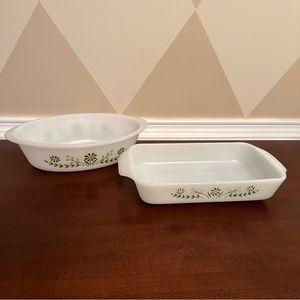Vintage Glassbake Oval J235 and Rectangle 427 baking dish Casserole Green Daisy